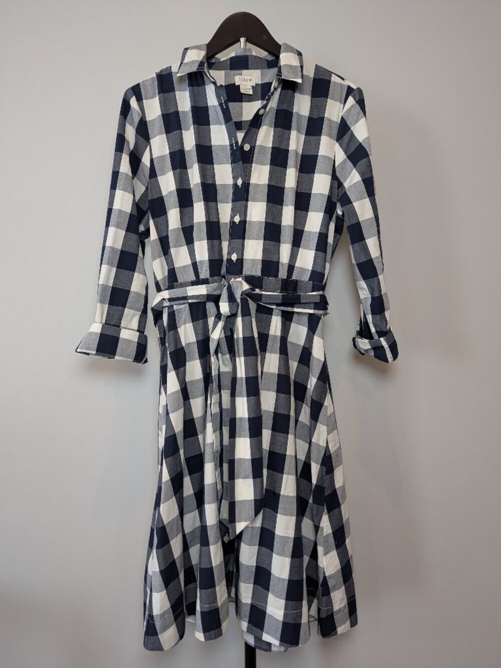 J. Crew Dress Women's Size 12 Blue Gingham Tie Waist Poplin Shirt Dress Preppy